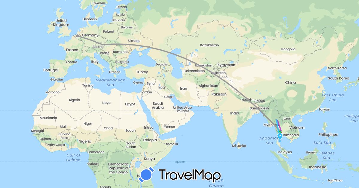 TravelMap itinerary: bus, plane, train, hiking, boat in Austria, Belgium, Thailand (Asia, Europe)